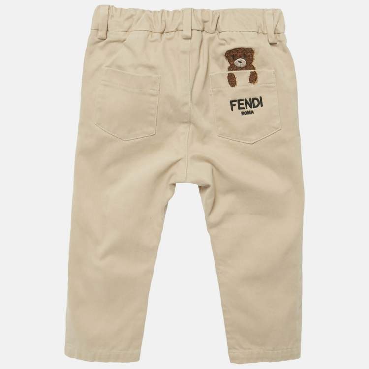 Pre Owned Fendi Kids Beige Teddy Embroidered Gabardine Trousers 18M