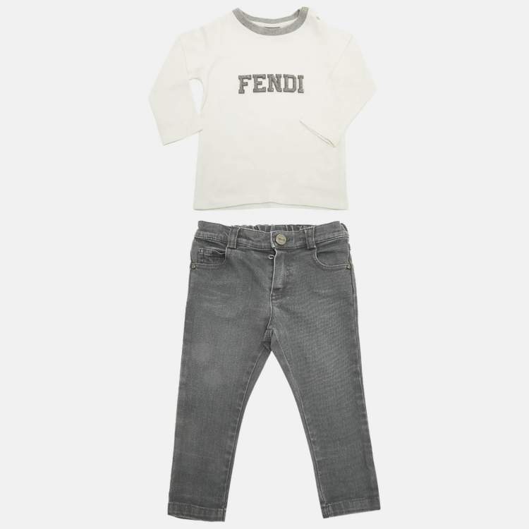 Pre Owned Fend Kids Grey /White Top Cotton & Denim 3 Piece Set 18 Months 