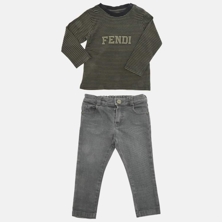 Pre Owned Fend Kids Grey /White Top Cotton & Denim 3 Piece Set 18 Months 