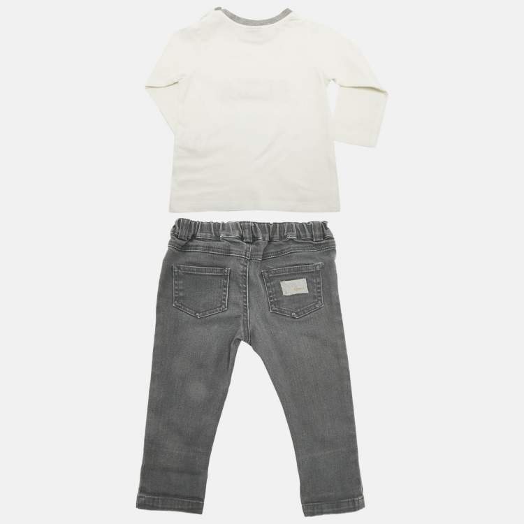 Pre Owned Fend Kids Grey /White Top Cotton & Denim 3 Piece Set 18 Months 