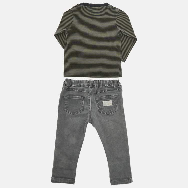 Pre Owned Fend Kids Grey /White Top Cotton & Denim 3 Piece Set 18 Months 