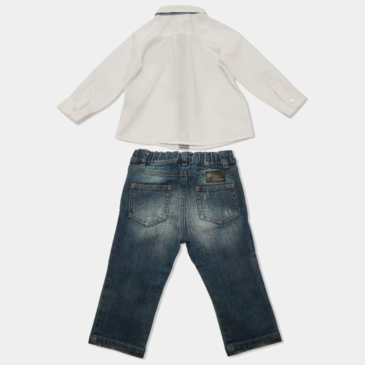 Pre Owned Fendi Kids White/Blue Cotton and Denim 2 Piece Set 9M