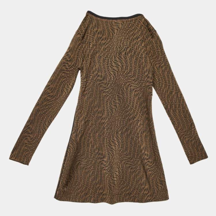 Pre Owned Fendi Kids Brown FF Vertigo Pattern Knit Bow Detail Dress 7 Yrs