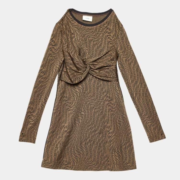 Pre Owned Fendi Kids Brown FF Vertigo Pattern Knit Bow Detail Dress 7 Yrs