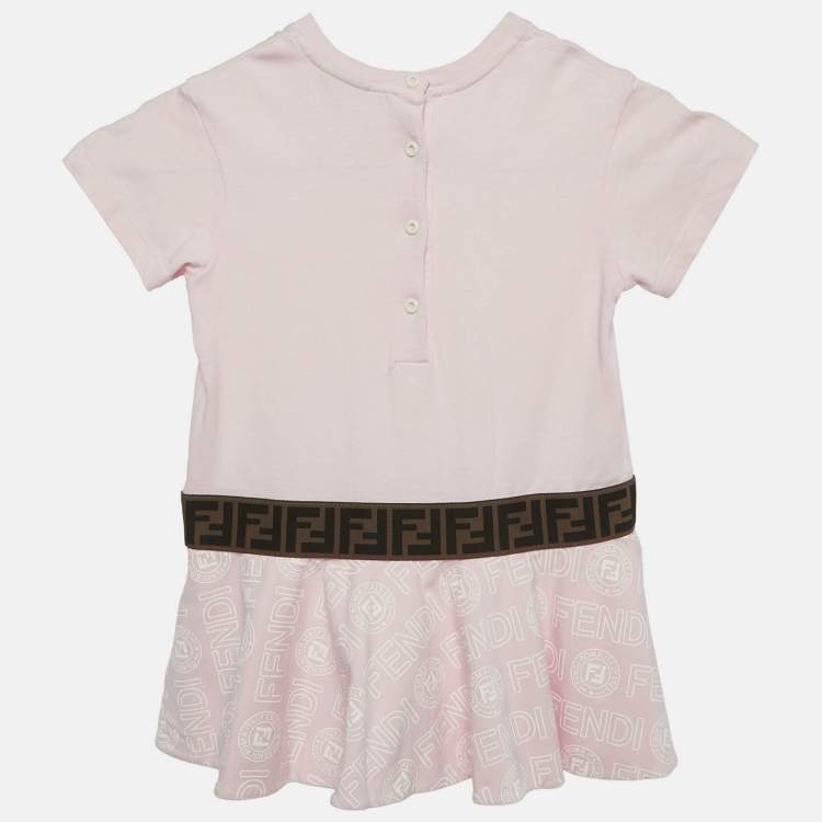 Pre Owned Fendi Kids Pink Logo Print Jersey Tiered Dress 24 M