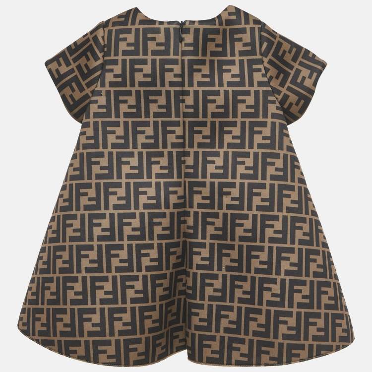 Pre Owned Fendi Brown Zucca Print Neoprene Bow Detail Mini Dress 12M