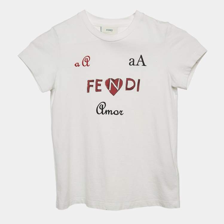 Pre Owned Fendi Kids White Logo Print Cotton Crew Neck T-Shirt 7 Yrs