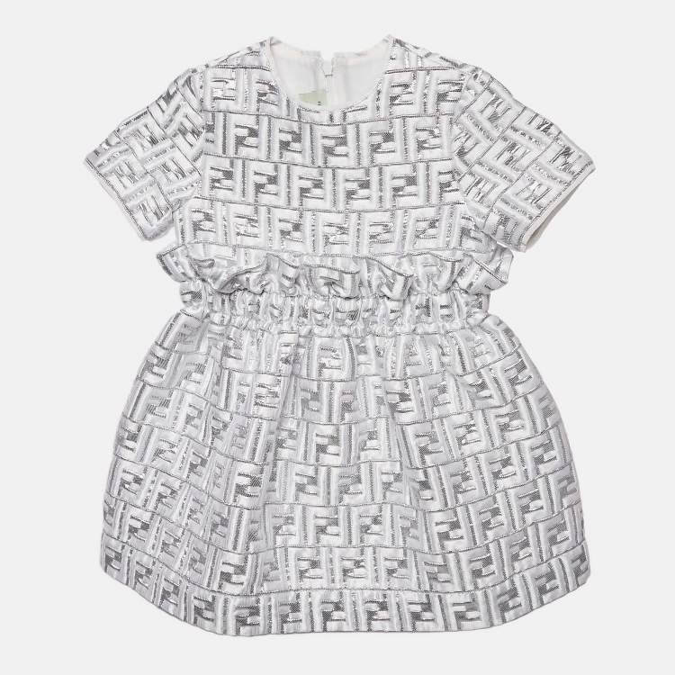Pre Owned Fendi Kids Silver Zucca Jacquard Lurex Ruffled Dress 4 Yrs