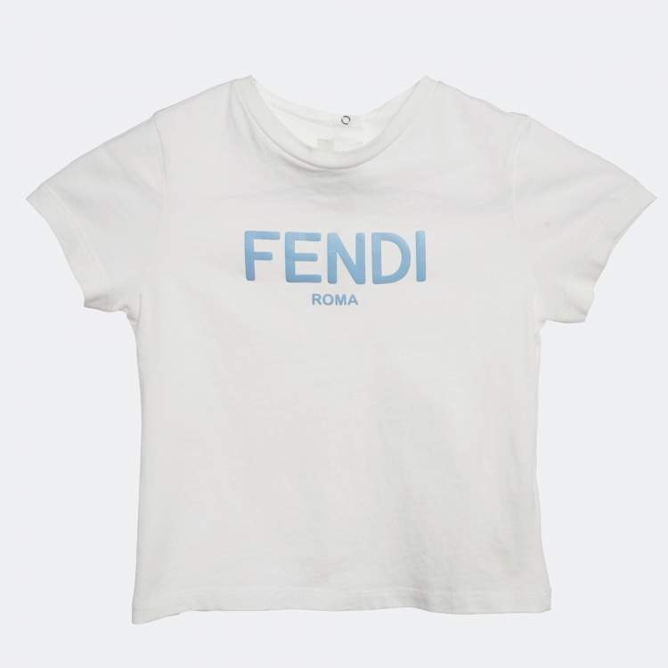 Pre Owned Fendi Kids White Logo Print Cotton Crew Neck T-Shirt 24 M