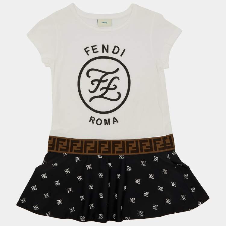 Pre Owned Fendi White FF Logo Cotton Flounced Dress Size 6 Yrs