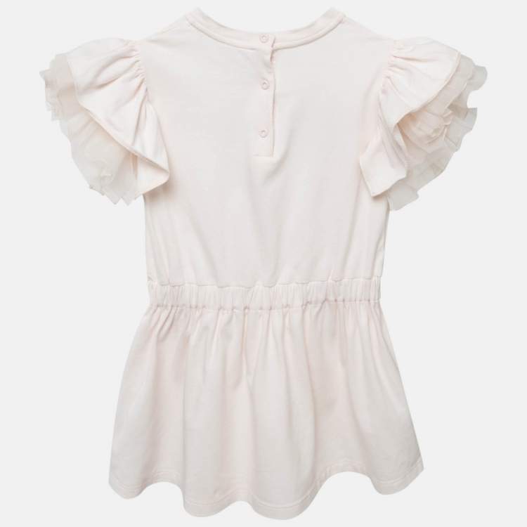 Pre Owned Fendi Baby Pink Logo Applique Tulle Ruffled Sleeve Dress 24M
