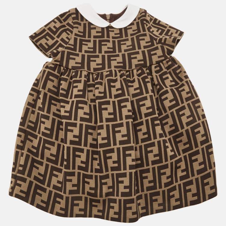 Pre Owned Fendi Kids Dark Beige FF Zucca Monogram Intarsia Knit Dress 6M
