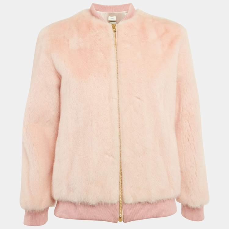 Pre Owned Fendi Kids Pink Mink Fur Beaded Bow Bomber Jacket 10Yrs