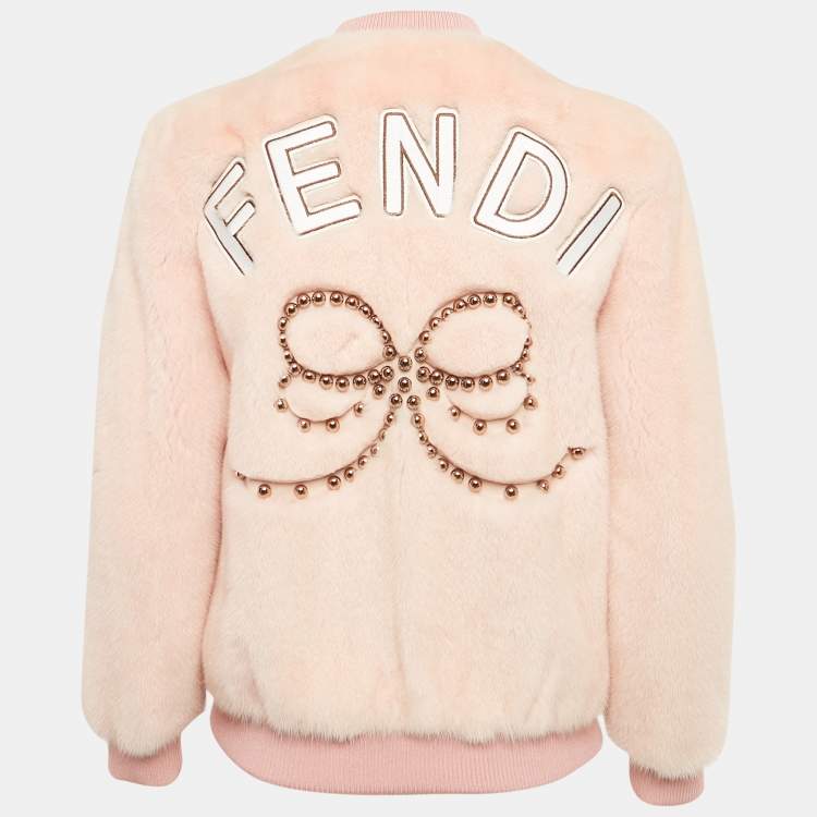 Pre Owned Fendi Kids Pink Mink Fur Beaded Bow Bomber Jacket 10Yrs