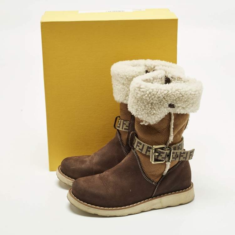 Pre Owned Fendi Size 31 Brown Suede and Shearing Calf Length Boots 