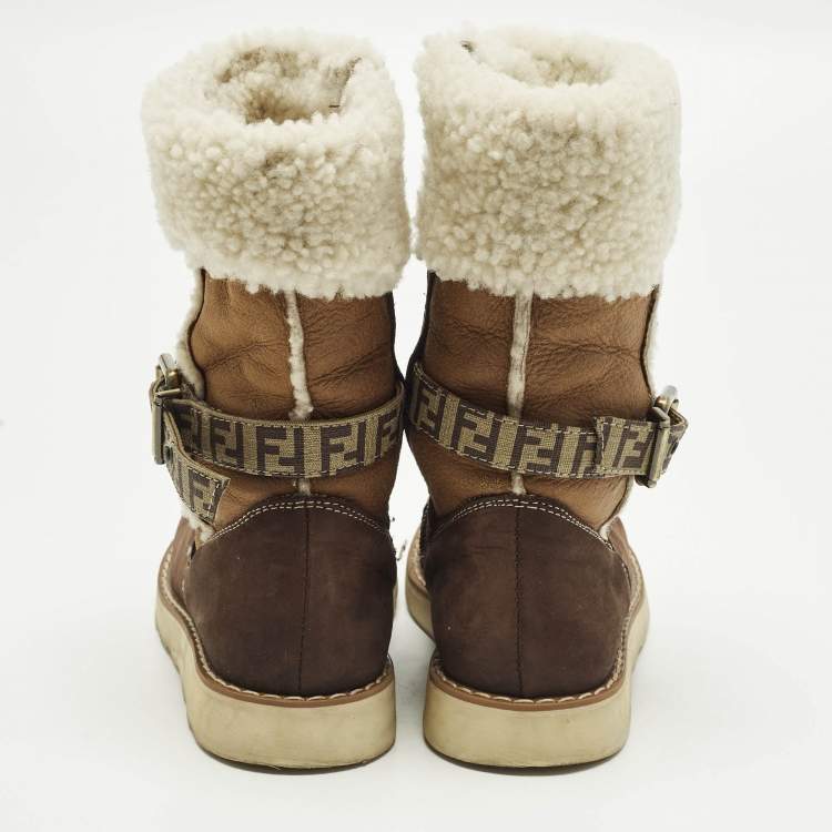 Pre Owned Fendi Size 31 Brown Suede and Shearing Calf Length Boots 