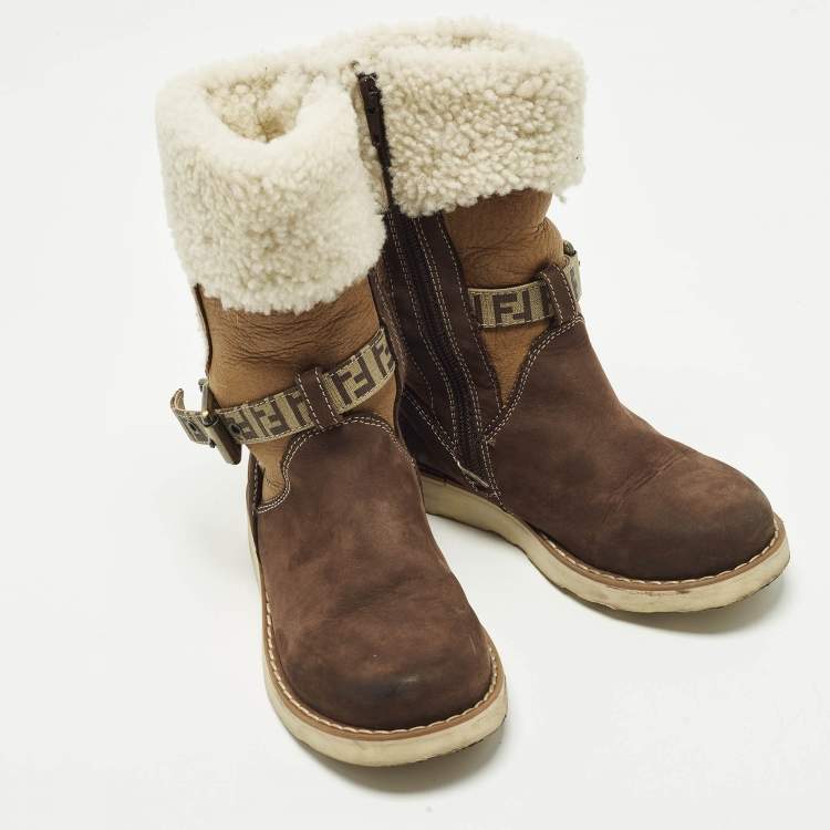 Pre Owned Fendi Size 31 Brown Suede and Shearing Calf Length Boots 