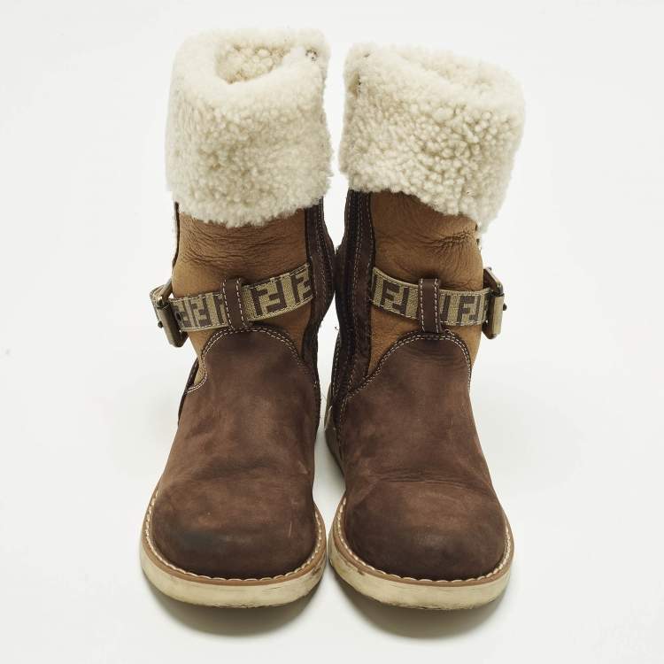 Pre Owned Fendi Size 31 Brown Suede and Shearing Calf Length Boots 