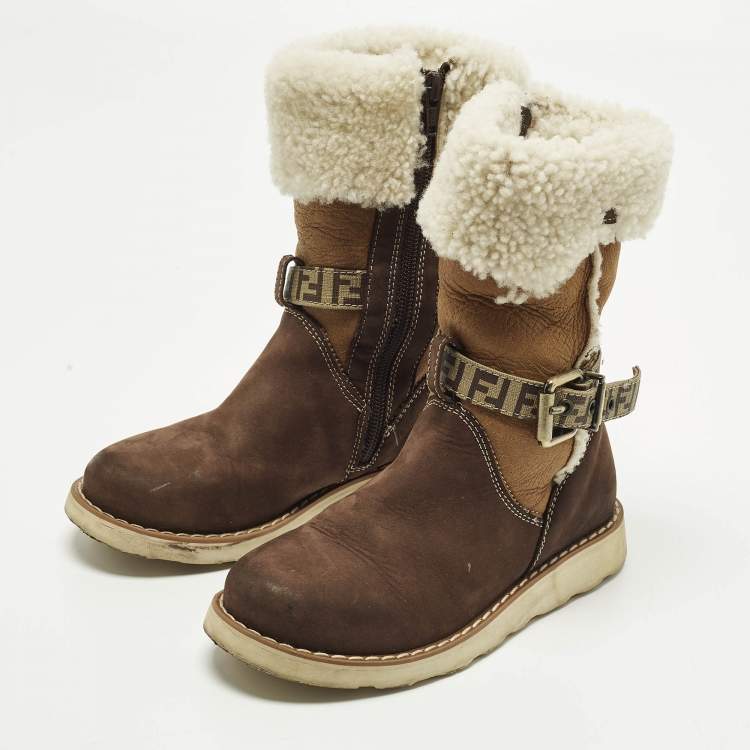 Pre Owned Fendi Size 31 Brown Suede and Shearing Calf Length Boots 