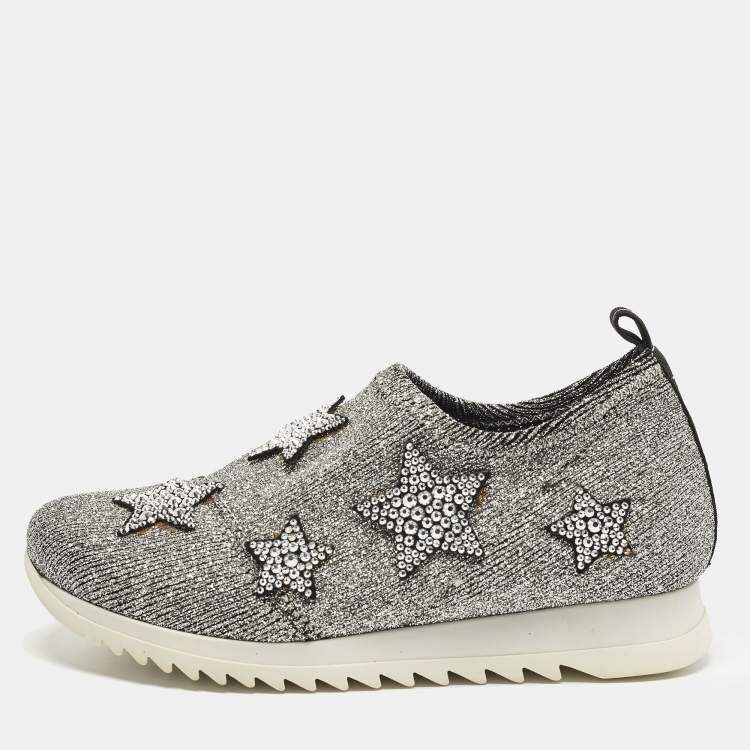 Pre Owned Giuseppe Zanotti  Size 29 Silver Knit Fabric Star Embellished Slip On Sneakers 