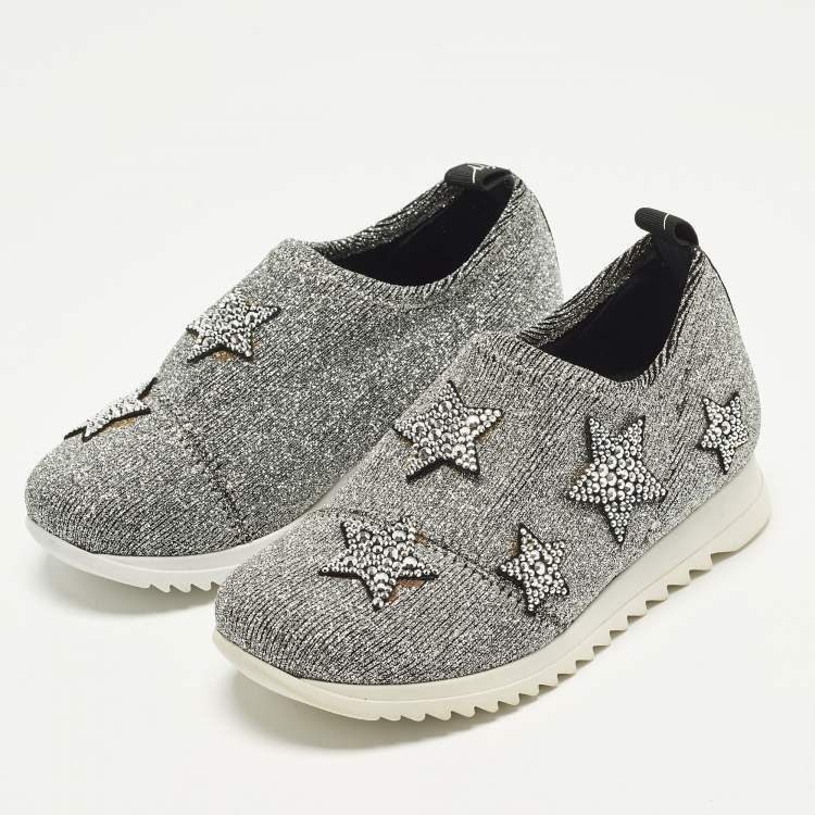 Pre Owned Giuseppe Zanotti  Size 29 Silver Knit Fabric Star Embellished Slip On Sneakers 