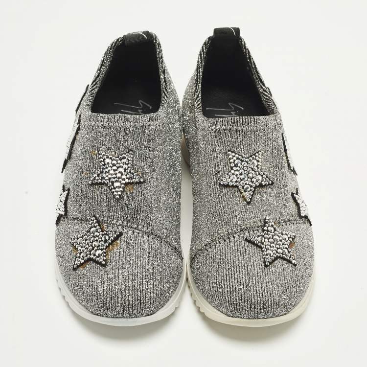 Pre Owned Giuseppe Zanotti  Size 29 Silver Knit Fabric Star Embellished Slip On Sneakers 