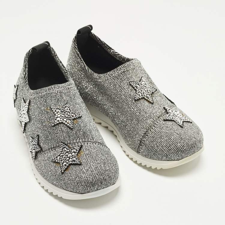 Pre Owned Giuseppe Zanotti  Size 29 Silver Knit Fabric Star Embellished Slip On Sneakers 