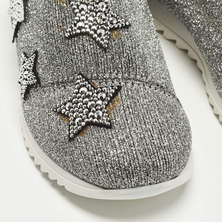 Pre Owned Giuseppe Zanotti  Size 29 Silver Knit Fabric Star Embellished Slip On Sneakers 