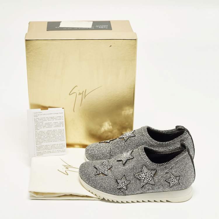 Pre Owned Giuseppe Zanotti  Size 29 Silver Knit Fabric Star Embellished Slip On Sneakers 