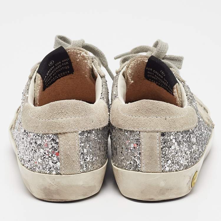 Pre Owned Golden Goose Silver/Grey Glitter and Suede Hi Star Low-Top Sneakers Size 30