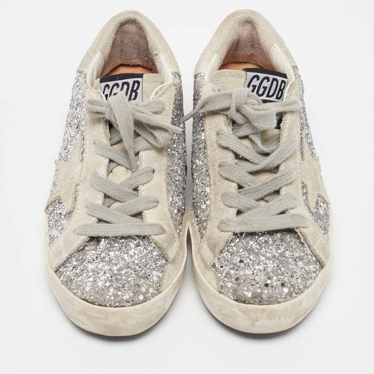 Pre Owned Golden Goose Silver/Grey Glitter and Suede Hi Star Low-Top Sneakers Size 30