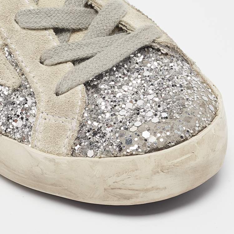 Pre Owned Golden Goose Silver/Grey Glitter and Suede Hi Star Low-Top Sneakers Size 30