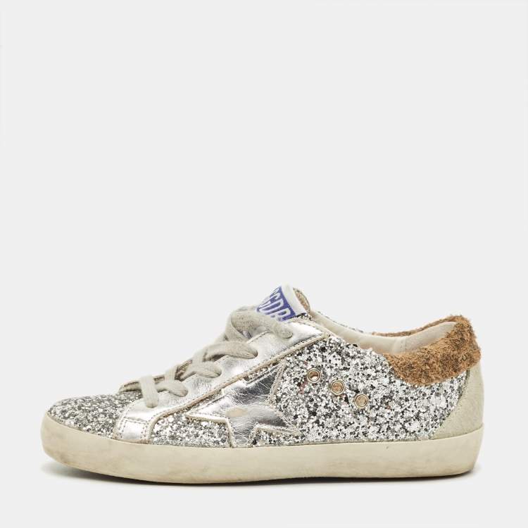 Pre Owned Golden Goose  Superstar Size 32 Silver Glitter And Suede Low Top Sneakers 