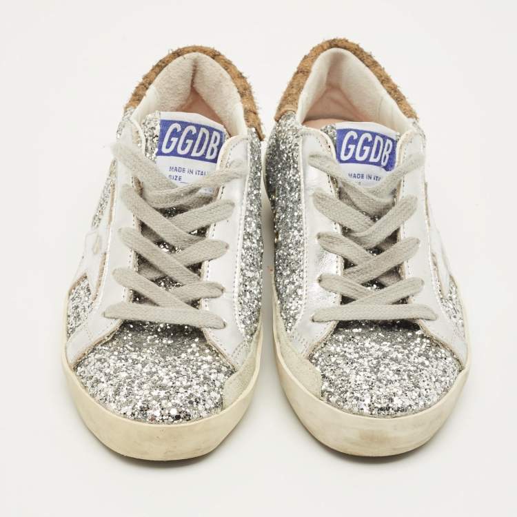 Pre Owned Golden Goose  Superstar Size 32 Silver Glitter And Suede Low Top Sneakers 