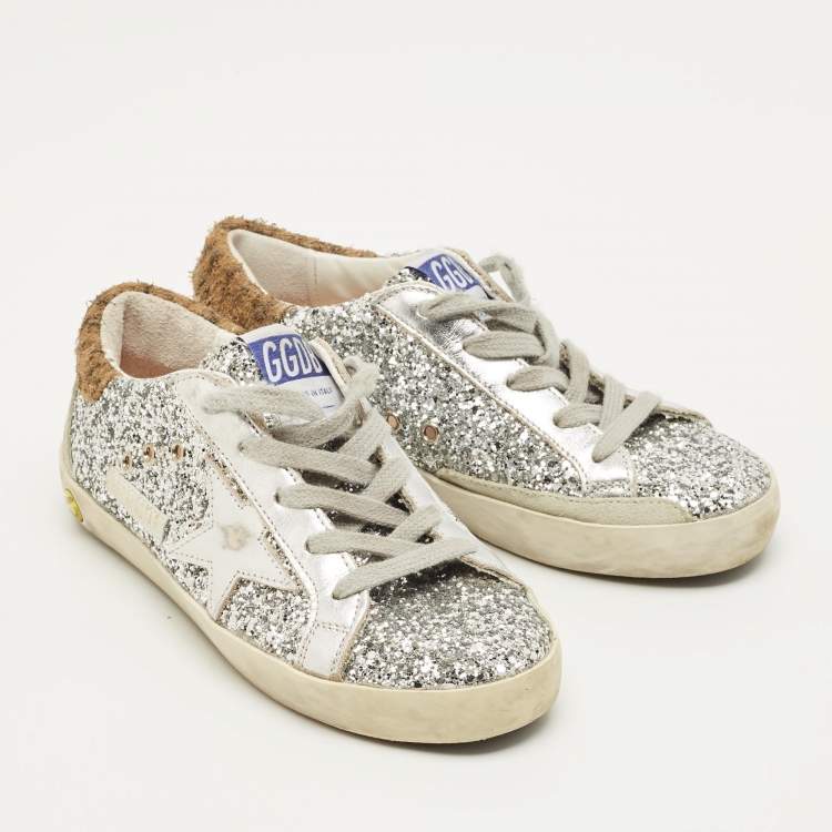 Pre Owned Golden Goose  Superstar Size 32 Silver Glitter And Suede Low Top Sneakers 