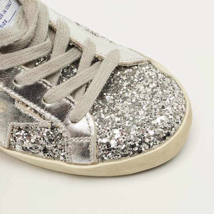 Pre Owned Golden Goose  Superstar Size 32 Silver Glitter And Suede Low Top Sneakers 