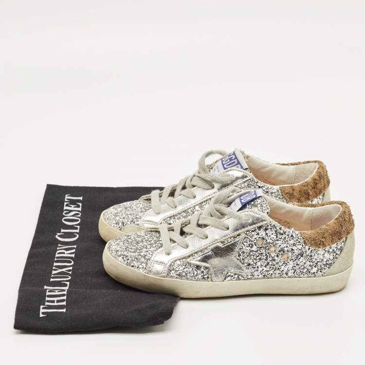 Pre Owned Golden Goose  Superstar Size 32 Silver Glitter And Suede Low Top Sneakers 