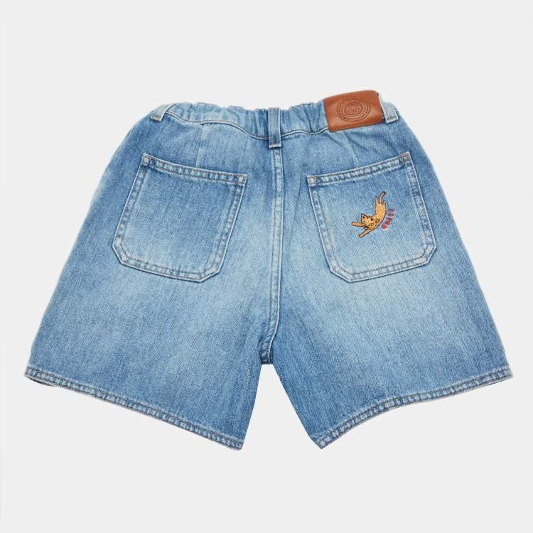 Pre Owned Gucci Kids Blue Cat Embroidered Denim Shorts 10 Yrs 