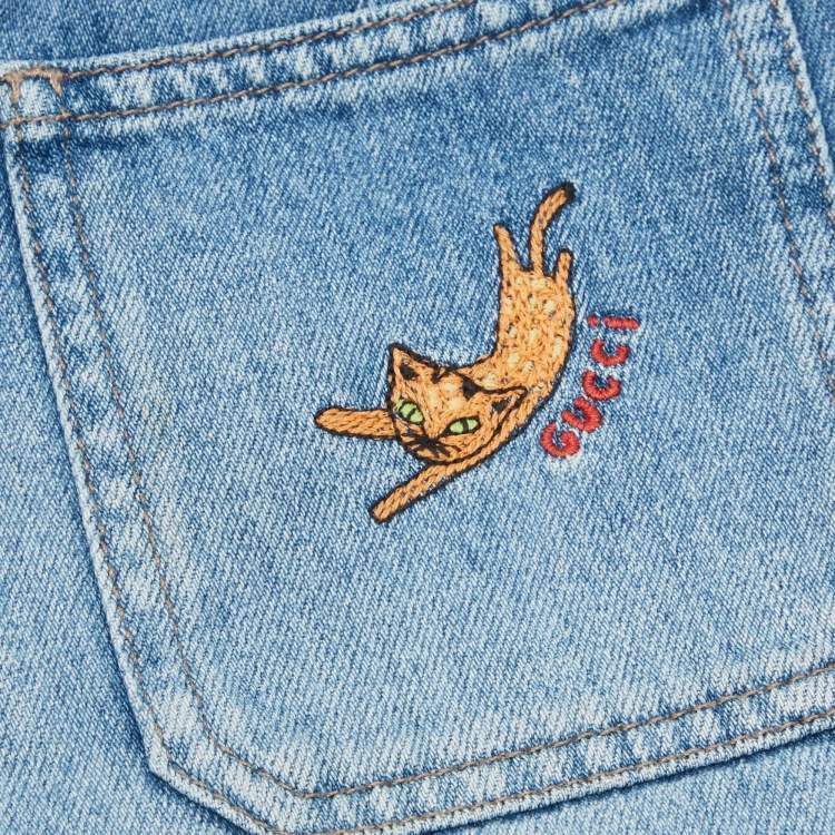Pre Owned Gucci Kids Blue Cat Embroidered Denim Shorts 10 Yrs 