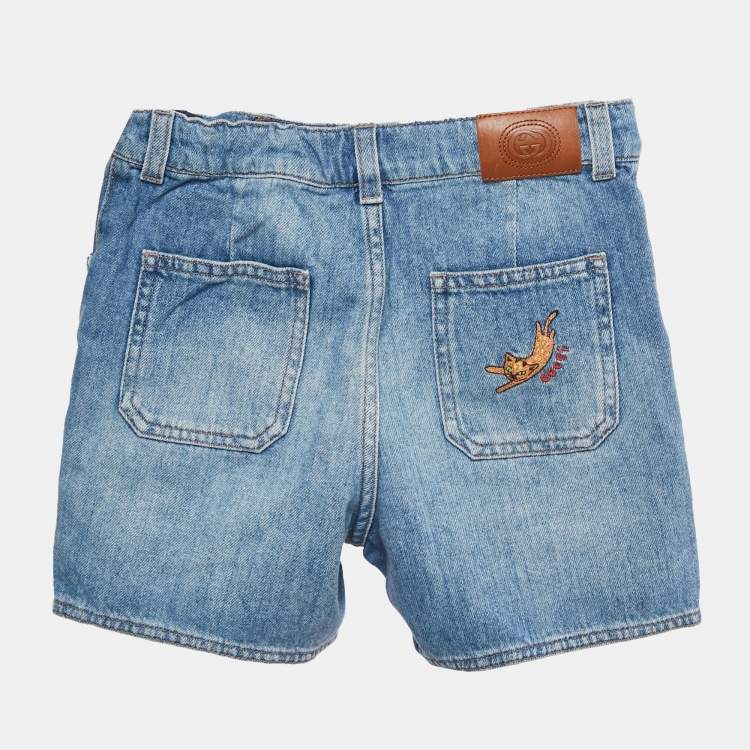 Pre Owned Gucci Kids Blue Cat Embroidered Denim Shorts 8 Yrs 