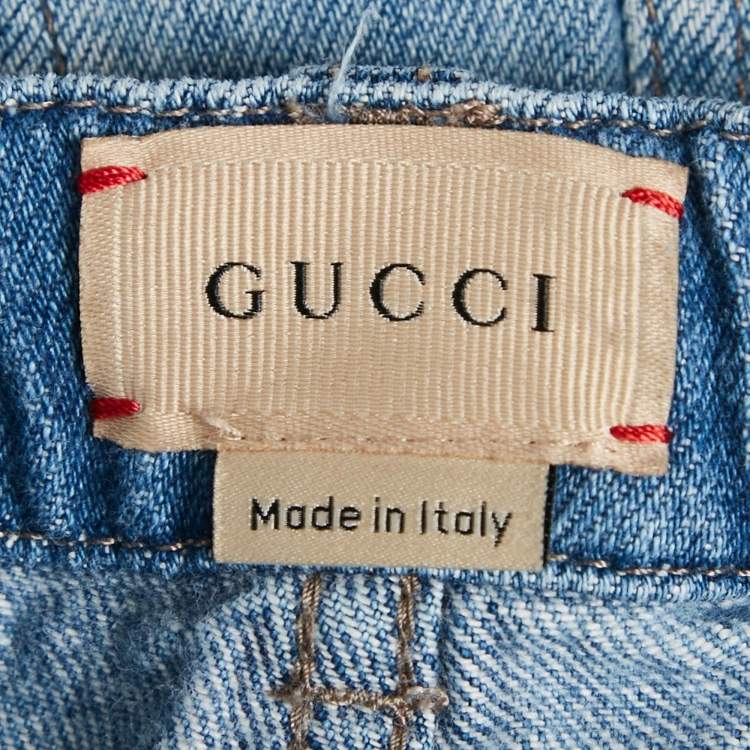 Pre Owned Gucci Kids Blue Cat Embroidered Denim Shorts 8 Yrs 