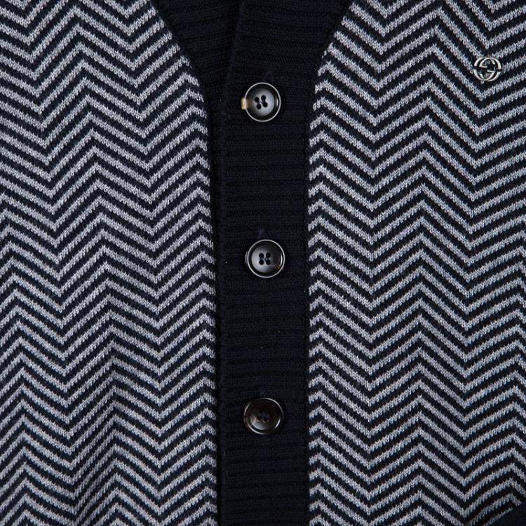 Pre Owned Gucci Navy Blue and Grey Wool Chevron Pattern Knit Button Front Cardigan 12 Yrs