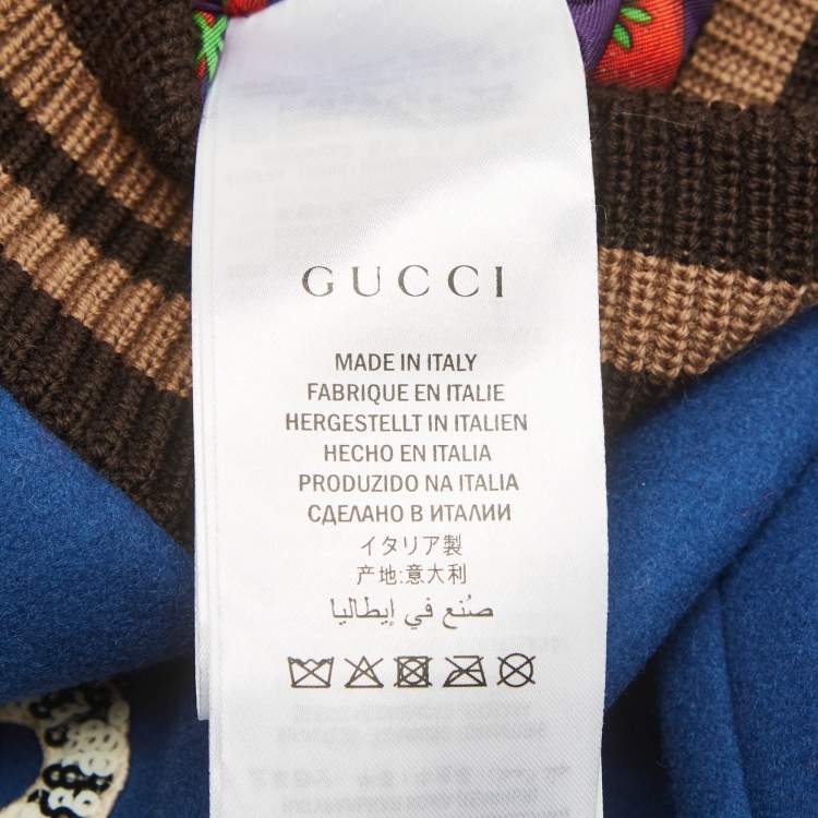 Pre Owned Gucci Kids Blue Embellished Wool Leather Trim Bomber Jacket 10 Yrs 