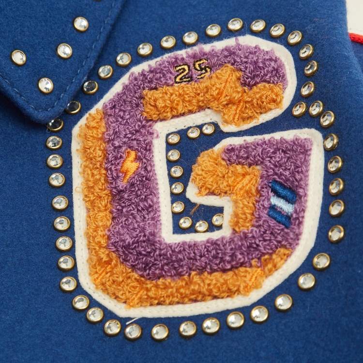 Pre Owned Gucci Kids Blue Embellished Wool Leather Trim Bomber Jacket 10 Yrs 