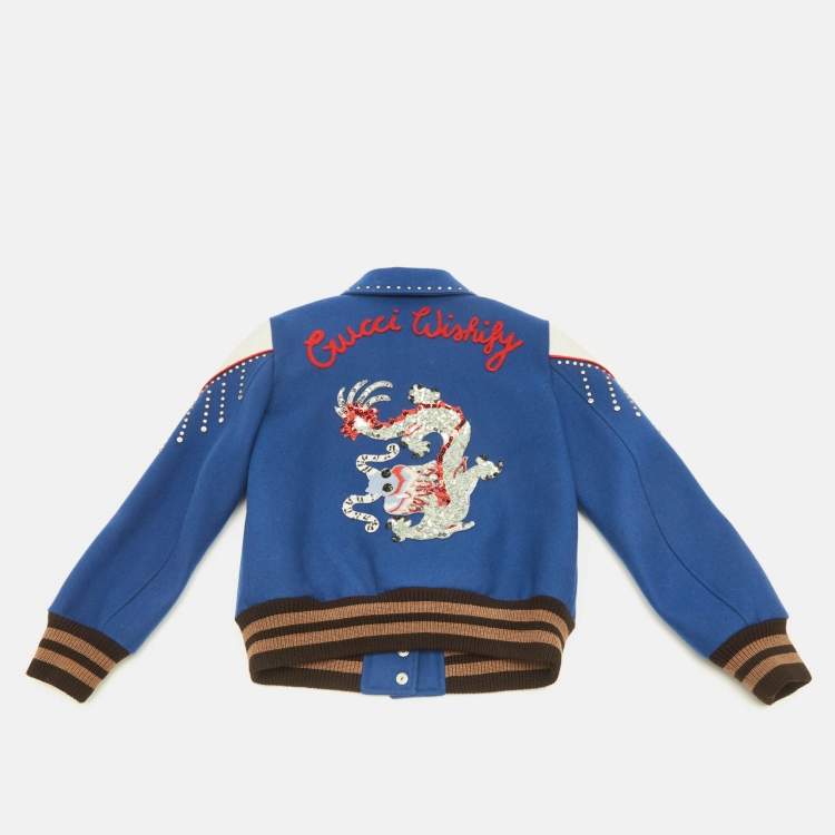 Pre Owned Gucci Kids Blue Embellished Wool Leather Trim Bomber Jacket 10 Yrs 