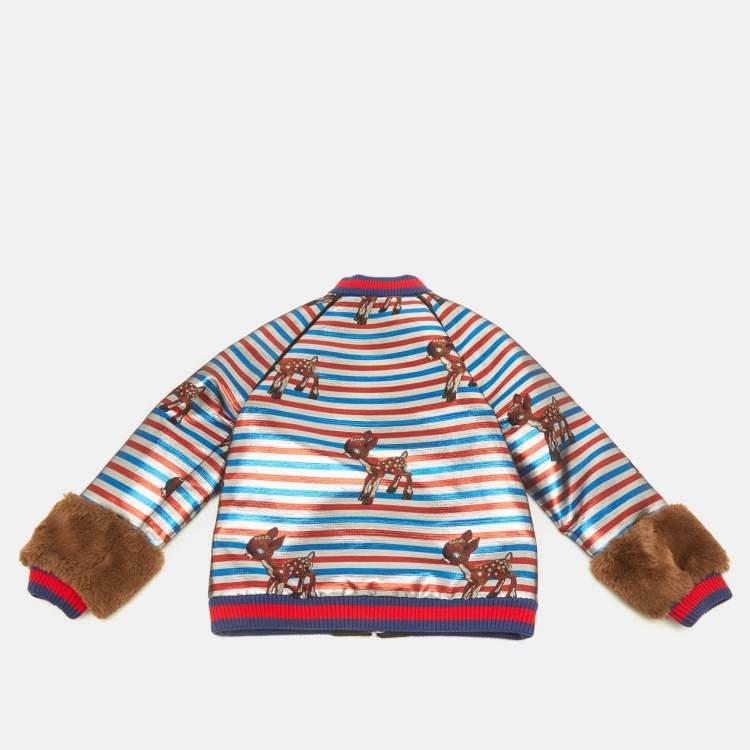 Pre Owned Gucci Kids Multicolor Striped Glitter Faux Fur Trim Bomber Jacket 10Yrs  