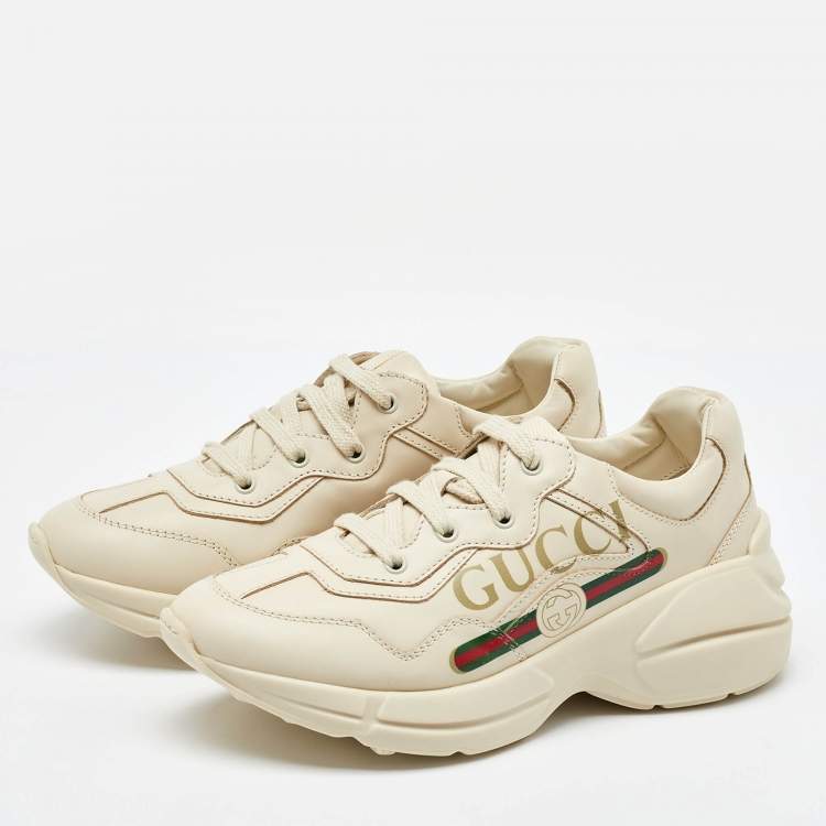 Pre Owned Gucci Cream Leather Rhyton Trainer Sneakers Size 32