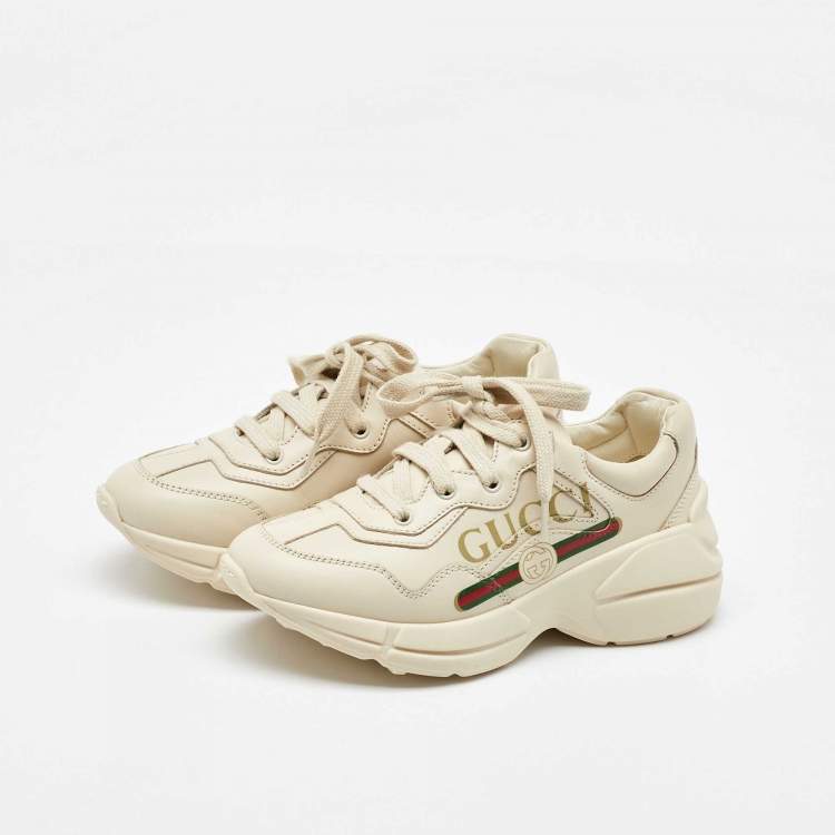 Pre Owned Gucci Cream Leather Kids Rhyton Trainer Sneakers Size 30