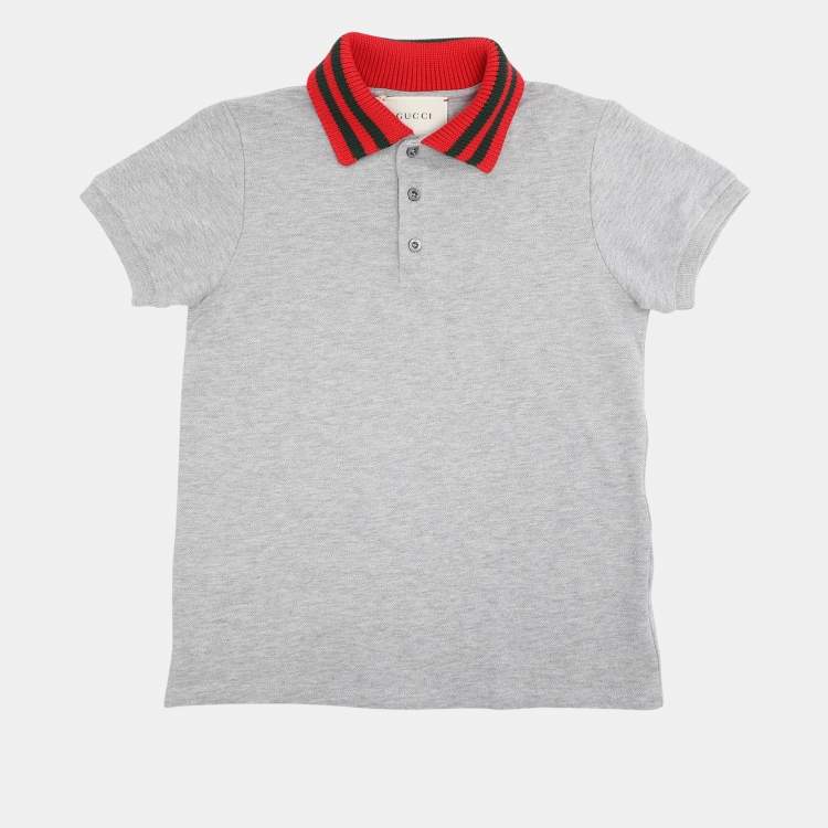 Pre Owned Gucci Grey/Red Web Collar Jersey Polo T-Shirt 8 Yrs