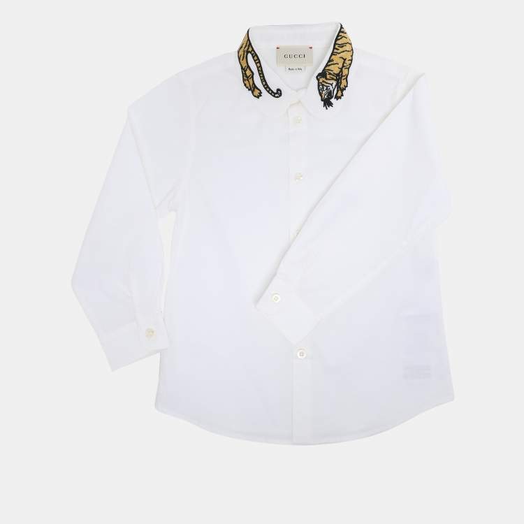 Pre Owned Gucci White Poplin Tiger Embroidered Long Sleeve Shirt 4 Yrs